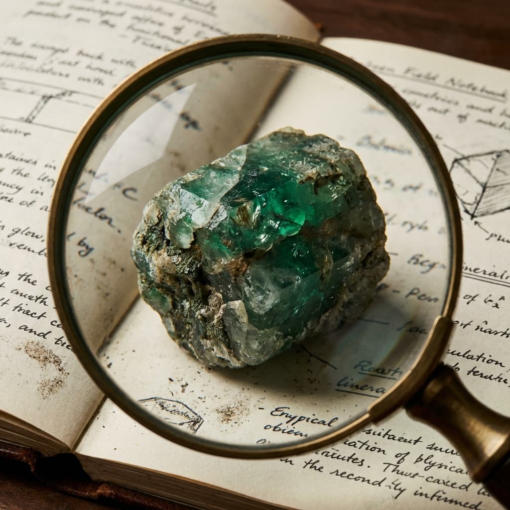 Magnifying glass inspecting raw emerald crystal